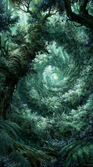 Fantasy forest spiral centered on an emerald green backdrop in a lush, surreal digital painting aesthetic, ultra HD image.