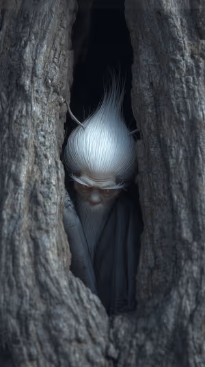 3D dark fantasy forest spirit peering from a tree hollow against gray brown bark, ultra hd phone background