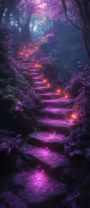 Ethereal forest staircase centered on a purple hued background with glowing lantern lights ultra HD image.