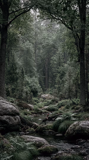 Mossy moody forest stream centered on deep green background in cinematic ultra HD nature aesthetic