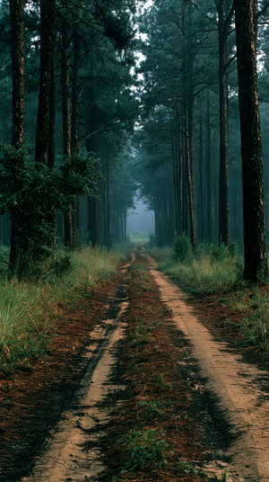 Misty cinematic forest trail centered on a deep green brown background in moody nature aesthetic, ultra HD.