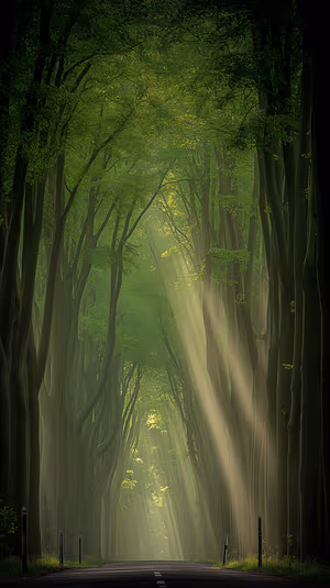 Cinematic forest tunnel with sunbeams through a green canopy, ultra HD 8K background for iPhone