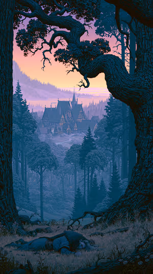 Cinematic storybook village framed by twisted oaks on a teal & pink twilight background ultra HD 8K.