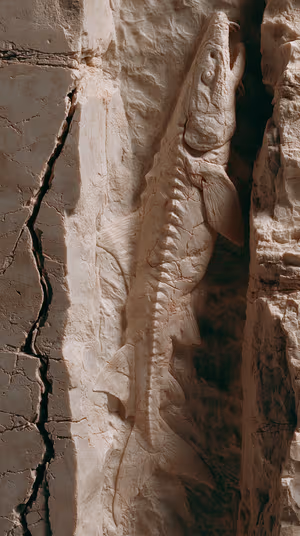 Stone relief fossil sturgeon embedded in beige rock, ultra HD background with textured, ancient aesthetic.