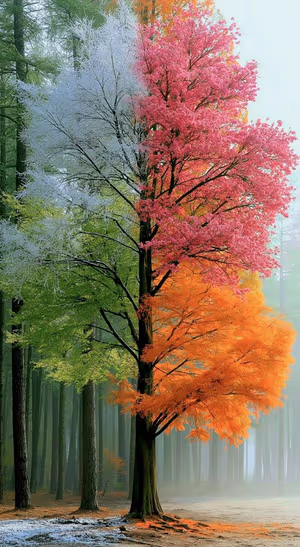 Surreal four season tree centered on a multicolor forest background in a vibrant seasonal aesthetic, ultra HD 8K.