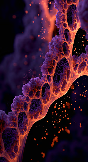 Neon abstract fractal veil centered on a purple and orange background in a luminous sci fi aesthetic, ultra HD image.