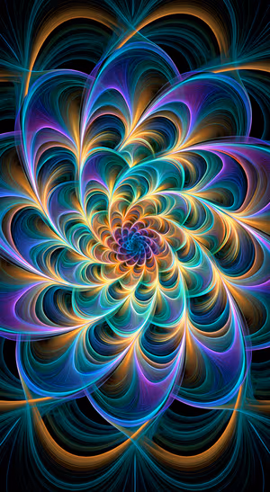 Vibrant fractal bloom centered on a black background in neon teal, purple and gold fractal aesthetic, ultra hd
