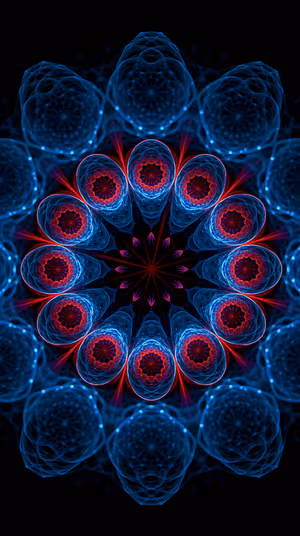 Neon fractal mandala centered on a deep black background with electric blue and red glowing rings, ultra hd background