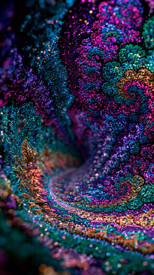 Glittery abstract fractal spiral in neon teal, magenta and gold on a dark background, ultra hd image