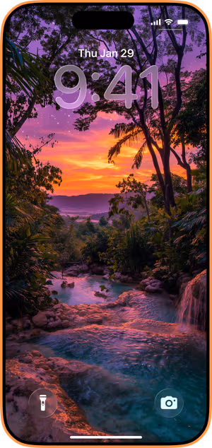 Wallpaper preview on iPhone 17 Pro Max running iOS 26 - Sunset Turquoise Falls