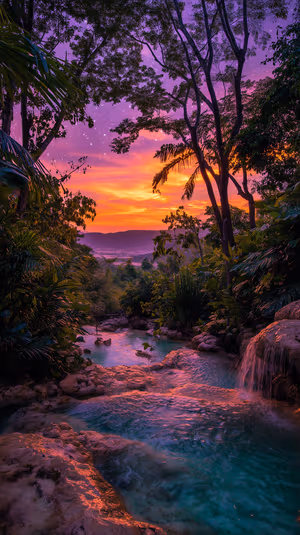 Dreamy tropical waterfall centered on a purple and turquoise sunset background in a photorealistic aesthetic (Ultra HD 8K).