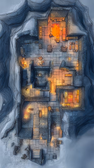 Hand drawn top down map of Frosthold Keep centered on snowy cliffs with warm amber torchlight, ultra hd wallpaper