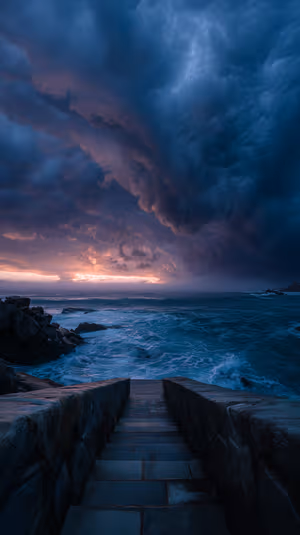 Cinematic ocean staircase centered on a stormy blue background in a moody cinematic aesthetic, ultra HD 8K.