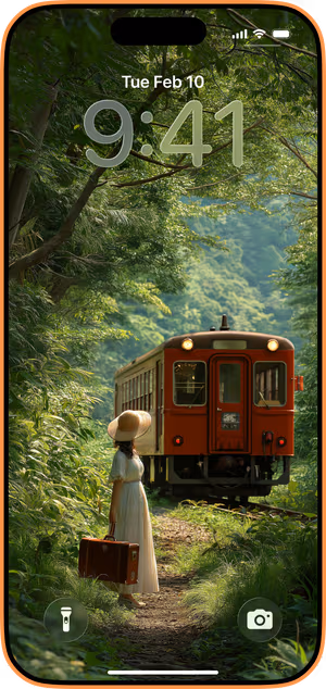 Wallpaper preview on iPhone 17 Pro Max running iOS 26 - forest train journey