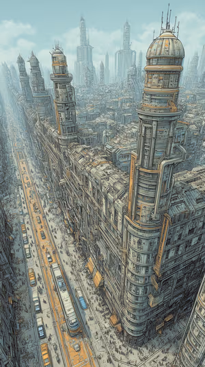 Retro futuristic aerial cityscape with cylindrical towers and tram lined avenue in muted teal and sepia, ultra hd background.