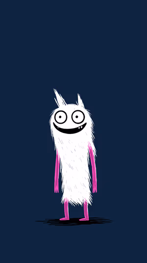Minimal cartoon fuzzy monster centered on a navy background with white fur and bright pink limbs ultra HD mobile background