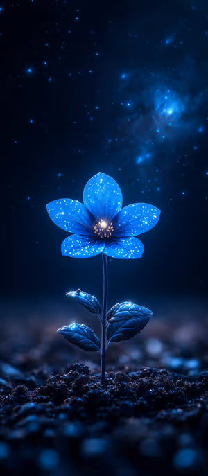 Cosmic macro blue flower centered on a midnight blue starry background in a luminous celestial aesthetic, ultra HD image.