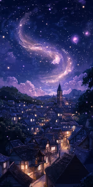 Medieval fantasy village under a swirling purple galaxy sky, ultra HD 8K nightscape background.