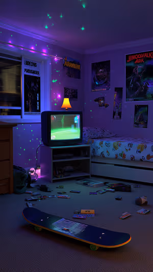 Neon 90s retro gamer bedroom centered on purple backdrop with CRT TV, skateboard and game cartridges ultra HD image