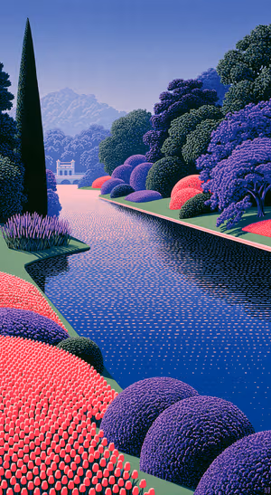 Pixel art garden canal in purple, blue, and pink tones with a formal garden aesthetic