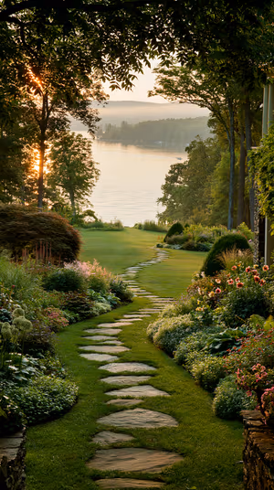Pastoral garden path leading to a misty lake with sunlit greenery and floral borders ultra HD 8K image.