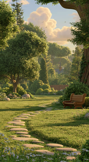 Realistic garden path with stepping stones and a bench in a sunlit green garden aesthetic.