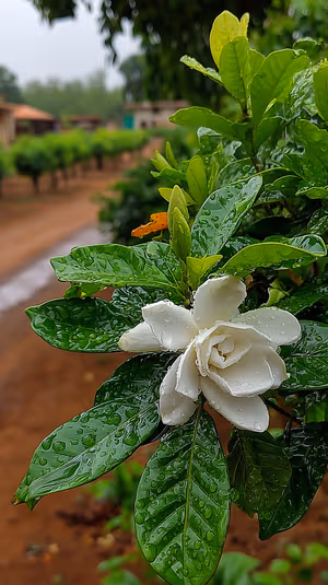 Macro dewy gardenia close up on white and green background in a fresh, rain kissed aesthetic ultra HD image.