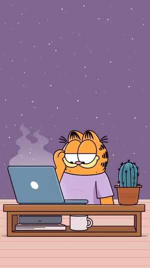Minimalist cartoon Garfield centered on a starry purple background at a wooden desk with cactus and coffee, ultra hd wallpaper.