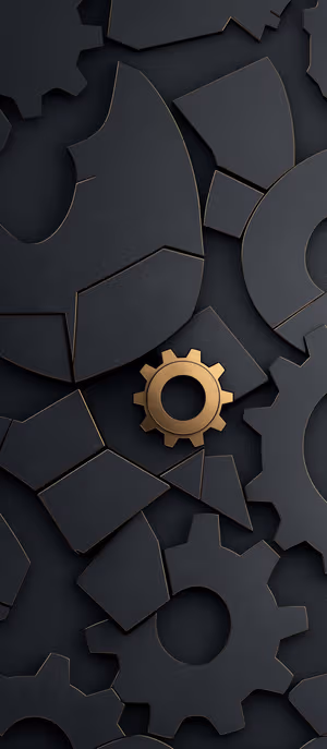 Abstract mechanical gears centered on a textured black background with a single gold gear accent, ultra HD 8K image.