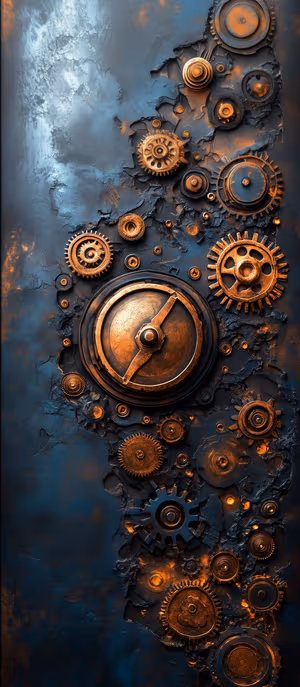 Steampunk copper gears centered on cracked blue metal background in an industrial mechanical aesthetic ultra HD image.