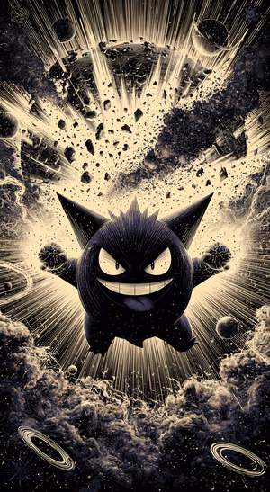Engraving style Gengar centered on a gold and black cosmic background in detailed line art, ultra hd 8K mobile background.