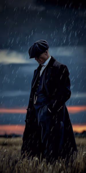 Vintage moody gentleman in flat cap and long coat on a stormy dusk field cinematic rainy aesthetic, ultra HD 8K.