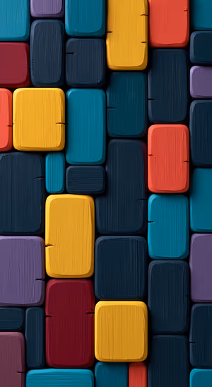 Textured geometric blocks on a multicolor background in a dimensional geometric aesthetic.