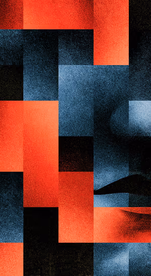 Geometric abstract collage on a red, blue, and black grain textured background in a modern aesthetic.