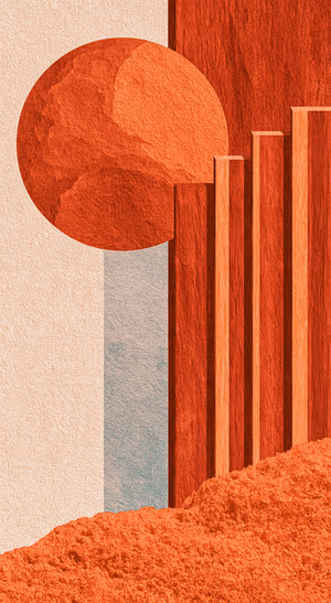 Abstract geometric sun with red terracotta tones on a textured background in a modern aesthetic.