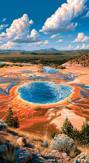 Painterly geothermal spring landscape centered on a blue and orange background in a painterly aesthetic.
