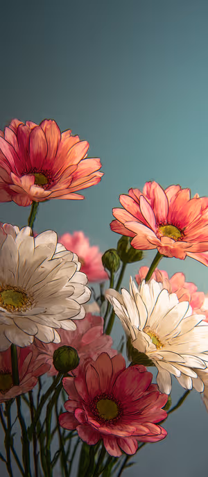 Minimalist floral gerbera bouquet centered on a soft teal background with vibrant pink and white petals ultra HD image