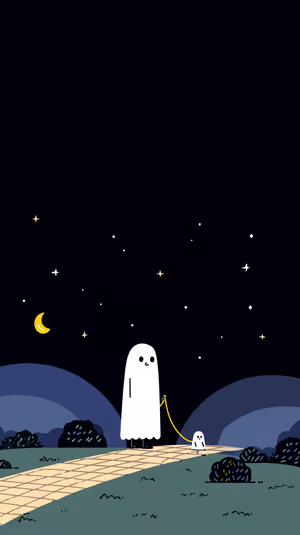 Minimalist cartoon parent ghost leading a pup on a leash along a moonlit, starry midnight blue path in a whimsical spooky aesthetic.