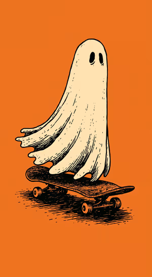 Vintage ghost centered on an orange background in a hand drawn vintage aesthetic.