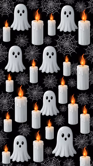 Playful cartoon ghosts and glowing candles on a black background with spiderweb accents in a spooky cute style ultra HD 8K