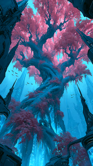 Sci fi fantasy giant tree rising against teal city spires with magenta leaves, ultra HD 8K background