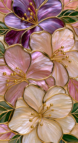 Stained glass floral art centered on an opal pink and purple background in a gilded aesthetic.
