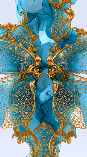 Ornate baroque gilded wings centered on a teal background with filigree and stained glass wing veins