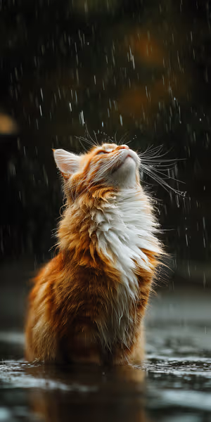 Moody ginger and white cat in shallow water with falling raindrops on a dark, blurred background ultra HD image.