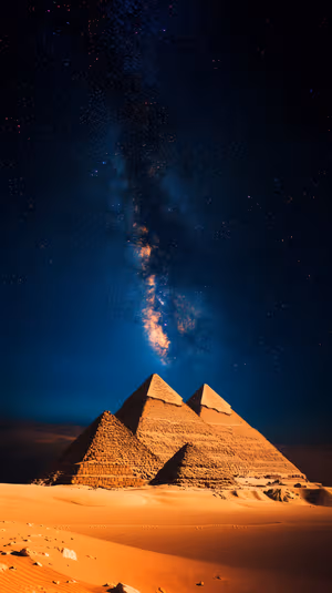 Realistic Giza pyramids beneath a golden Milky Way arch on a deep blue night sky, ultra HD 8K background.