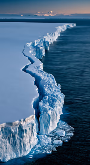 Minimalist glacial ice shelf along a blue ocean in a cool blue and white aesthetic.