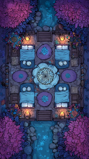 Fantasy illustration of a night glamping forest with mandala umbrella and glowing river on a purple blue background ultra HD image