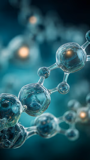 Futuristic glass molecule macro with teal bokeh and warm golden cores ultra hd abstract background.