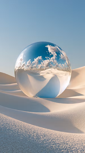 Minimal surreal glass orb centered on blue sky and cream sand dune background in a minimalist surreal aesthetic, ultra HD 8K