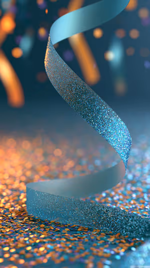 Festive abstract glitter ribbon centered on a teal and gold background with confetti bokeh, ultra hd image